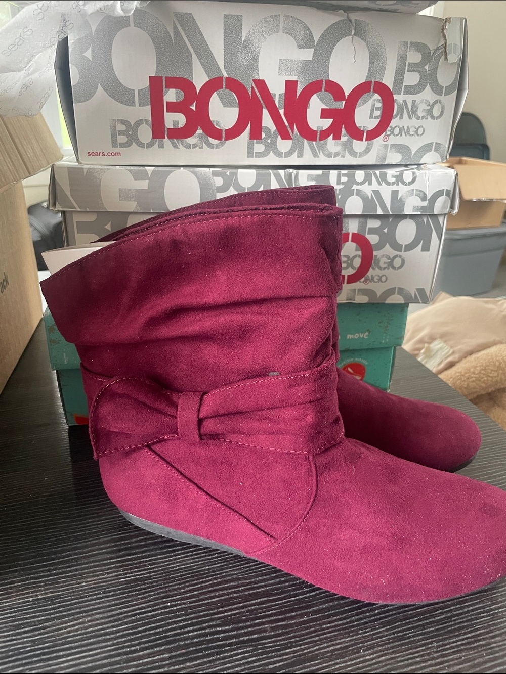 BONGO Burgundy Suede Slouchy Ankle Booties with Side Knot